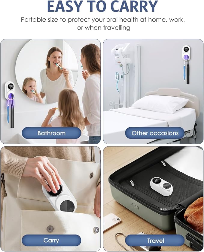 Temracha Toothbrush Sanitizer Holder, Upgraded UV Toothbrush Holder with Dual-Mode Clean & Air Dry, LED Smart Screen, Auto-Inductive Cover, Toothbrush Wall Mounted Cleaner Organizer for Bathroom, Trip