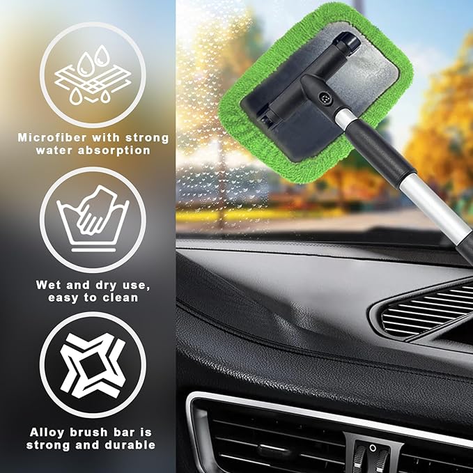 Ziciner Car Windshield Cleaner, Microfiber Auto Cleaning Wiper with Aluminum Extendable Handle and 2 Washable Reusable Cloth Pad Head, Universal Vehicle Interior Exterior Cleaner Kit (Green-Rectangle)
