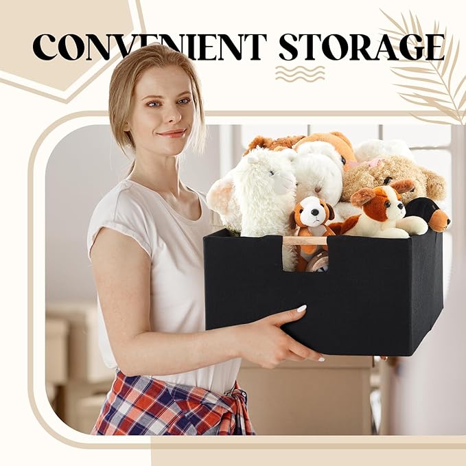 3 Pack Fabric Storage Bins for Closet Shelves, Rectangle Wardrobe Organizer with Handle, Collapsible Shelves Storage Basket for Sorting Clothes and Toy (Black,16.5 x 12.2 x 6.7 Inch)