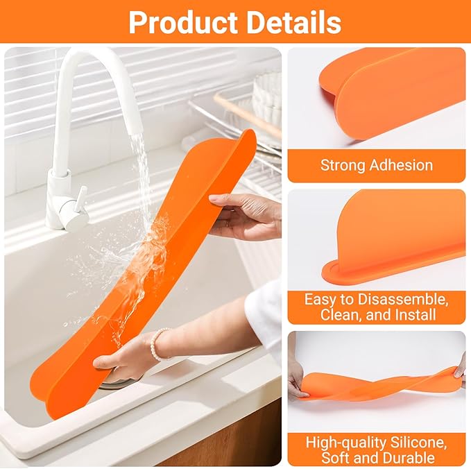 19.29 inch Sink Water Splash Guard, Silicone Sink Splash Guard, Backsplash Protector for Kitchen Countertop & Bathroom Bathtub with Non-Slip Strong Suction, Orange