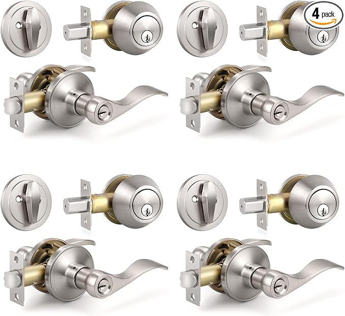 Knobonly 4 Sets of Front Exterior Door Knob Set with Single Cylinder Deadbolts in Satin Nickel Finish, All Keyed Same Combo Pack, Wave Style Entry Door Lever Locks with Combinations
