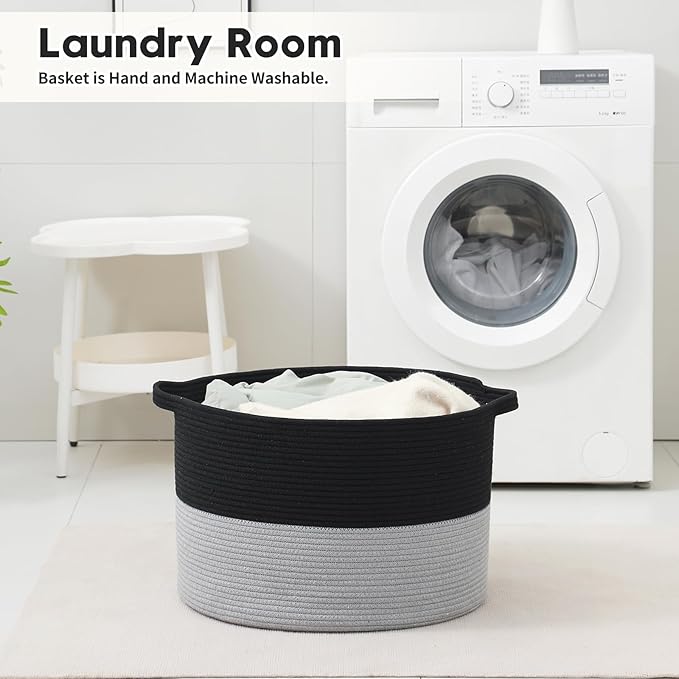 Foldable Laundry Hamper Basket with Collapsible Handle Cotton Rope Soft Woven Fabric Storage Organizer Clothes Toys Nursery Bedroom Dorm Space Saving Bin (Black & Grey, 115L(23.6"D x 15.7"H))