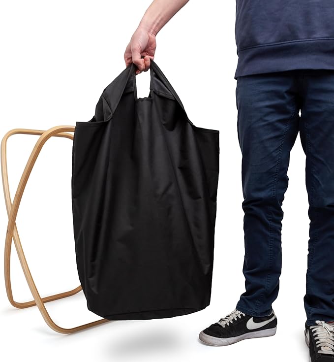 QUALIAZERO 72L Bamboo X-Frame Laundry Hamper – Foldable Single Section Clothes Basket with Removable Bag & Bottom Handle, Ideal for Bathroom, Bedroom, or Dorm (ONYX BLACK, X-FRAME)