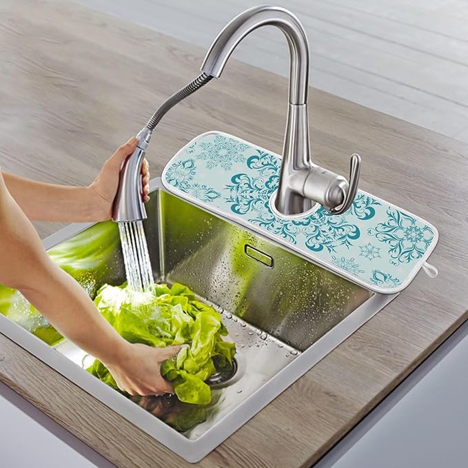Sink Faucet Absorbing Mat Kitchen Sink Splash Guard Splash Faucet Drip Catcher for Bar RV Bathroom 2PCS 23.6x5.5in Lavender Flowers Teal Mandala Purple