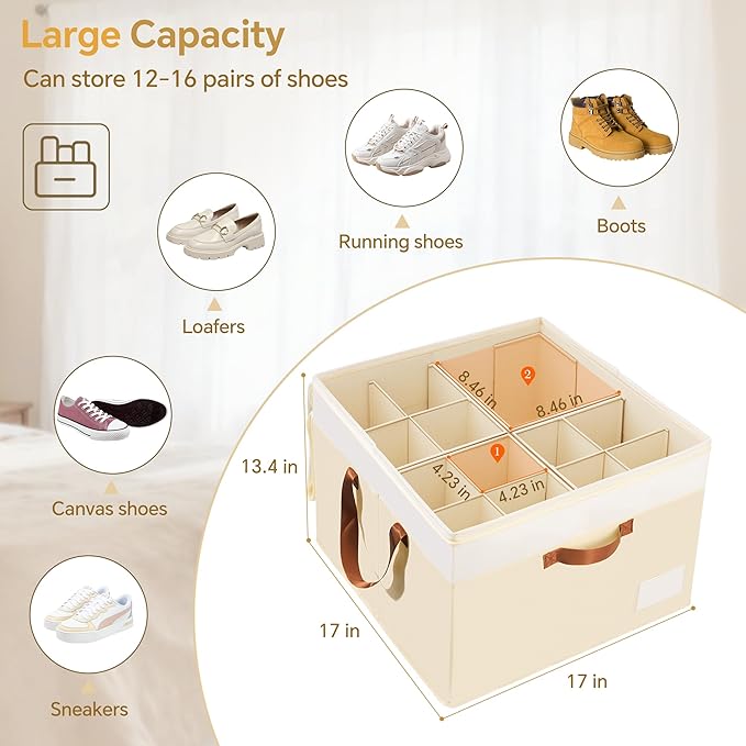Criusia Shoe Organizer for Closet, 2 Pack Foldable Shoe Storage Organizer Box Bin with Adjustable Dividers and Clear Cover, Closet Shoe Storage for Sneakers Sandals Boots, Fit 16-32 Pairs, Beige