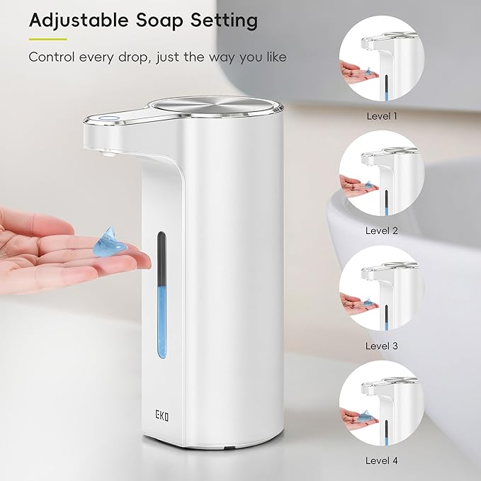 EKO Aroma Pro 13.5 fl oz Touchless Automatic Liquid Soap Dispenser, Rechargeable Electric Hand & Dish Soap Dispenser for Bathroom and Kitchen, IPX7 Waterproof, Adjustable Volume Control (White)