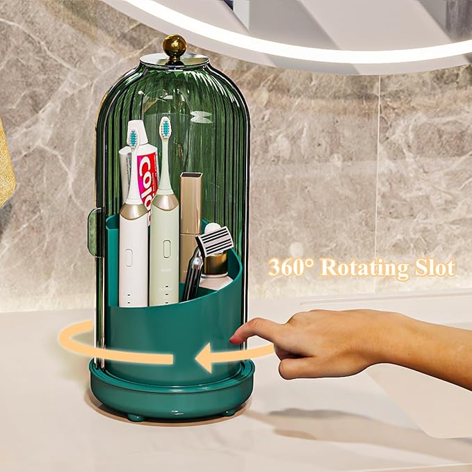 Zufudo Toothbrush Holders with Cover, Drainage Rotating Electric Toothbrush Organizer, 3 Slots Tooth Brush Holder for Bathroom Counter, Green