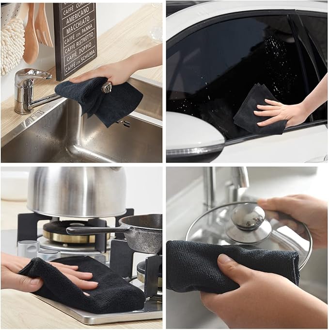 KinHwa Kitchen Washcloths for Dishes Absorbent Microfiber Dish Cloths Quick Dry Dish Rags with Poly Scour Scrub Side Ideal for Kitchen Cleaning (Black, 12inchx12inch 10 Pack)
