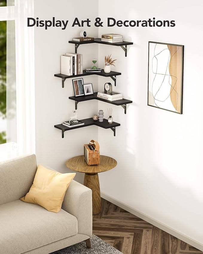 AMADA HOMEFURNISHING Corner Floating Shelves, Set of 4 Corner Wall Shelves, Shelves for Wall Decor, Corner Wood Shelves for Home Decor, Office, Bedroom, Bathroom, Laundry Room, Kitchen, Black