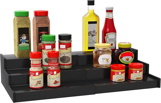 Spice Rack Organizer for Cabinet, 3 Tier Expandable Bamboo Spice Storage for Kitchen Cupboard Pantry, Black
