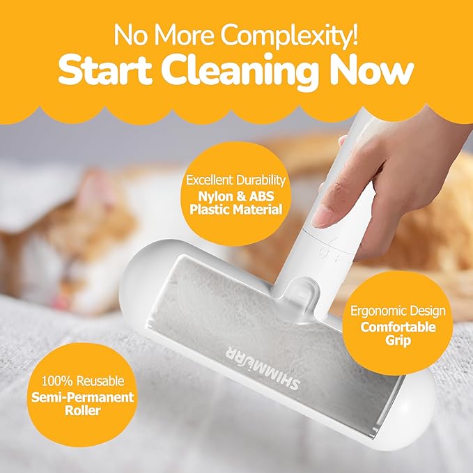 SHIMMURR Reusable Pet Hair Remover - Lint Roller for Dog & Cat Fur - for Furniture, Carpet, Clothing - Detachable Handle (White)