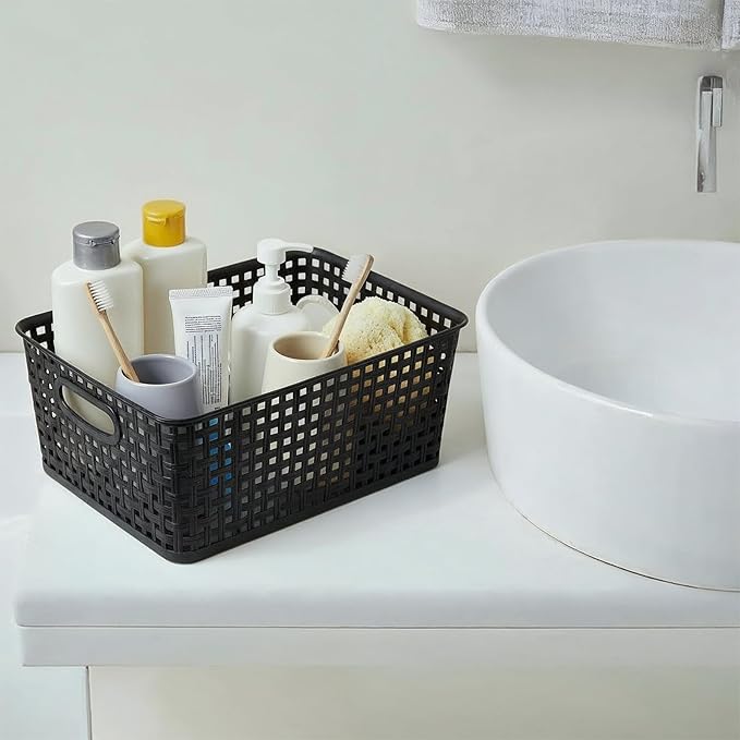 Pack of 4 Plastic Storage Basket,11.4"X9"X4.7" Black Desktop File Paper Letter Organizer Tray,Plastic Baskets for Organizing