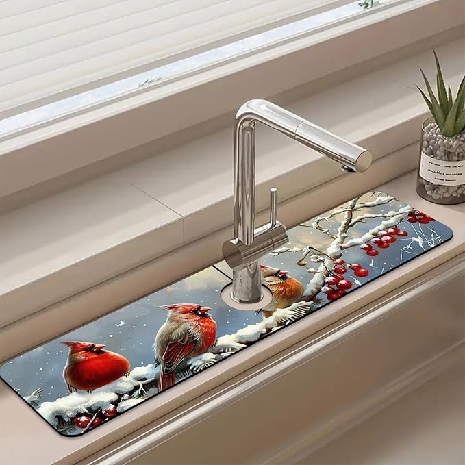 Chrismas Sink Splash Guard Faucet Mat Welcome Winter Absorbent Fast Drying Mat Sink Gadgets Splash Guard Behind Faucet Drip Catcher for Kitchen Bathroom 23.5"X5.5"