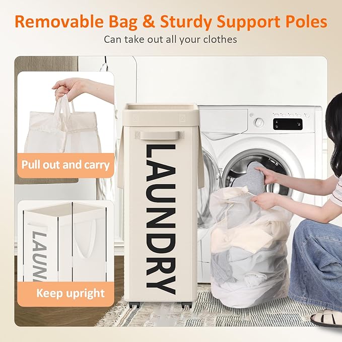 Laundry Basket with Wheels, 90L Rolling Laundry Hamper with Wheels, Large Clothes Hamper on Wheel with Removable Mesh Bag for Bedroom, Bathroom, Dorm, White
