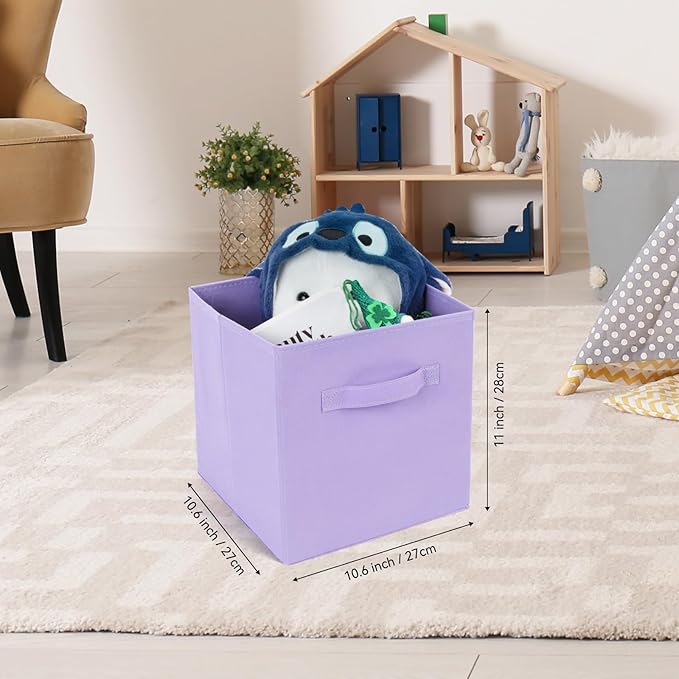 Fabric Storage Bins 6 Pack 11 inch Foldable Storage Cubes with Reinforced Handles Fun Colored Durable Cube Storage Bin for Home, Playroom, Closet Organizers and Storage, Purple