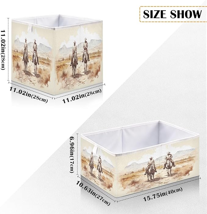 Two Western Cowboys Cube Storage Bin Foldable Storage Cubes Fabric Storage Baskets for Shelf Closet Home Organizers, 11 Inch