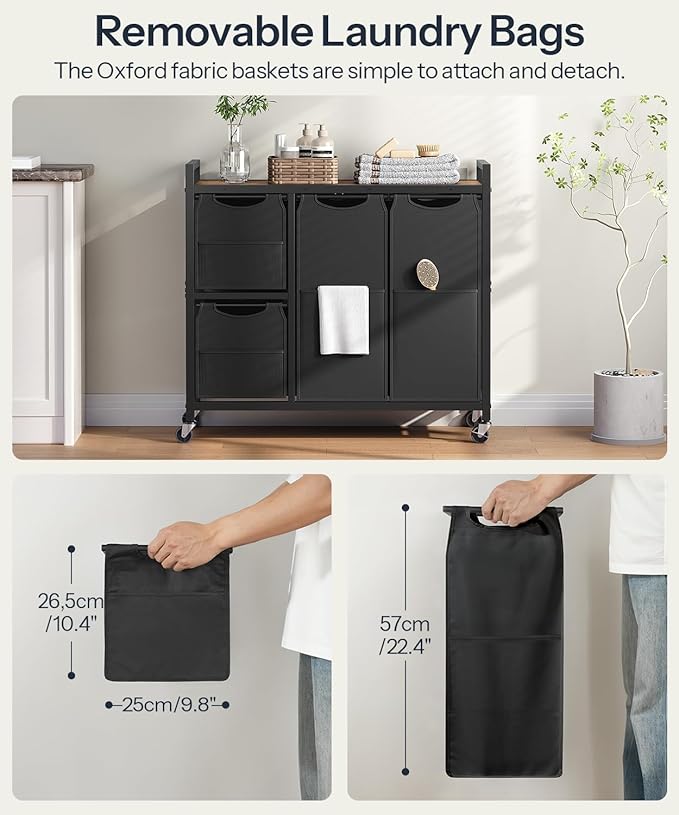 HOOBRO Laundry Sorter with 4 Section, 39 Gal. (147 L) Laundry Hamper with Wheels, Rolling Laundry Basket with Shelf, Pull-Out Detachable Bags, Side Pockets, Rustic Brown and Black BF14XY01N1