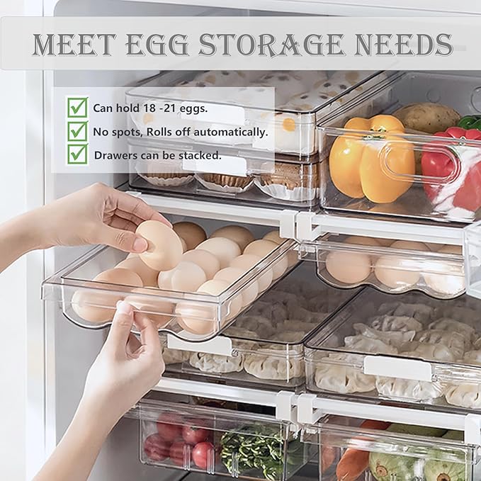 Refrigerator Organizer Bins - Large Capacity Egg Holder Tray for Refrigerator, Clear Plastic Container Drawer for Egg, Home Essentials Organization and Storage Box