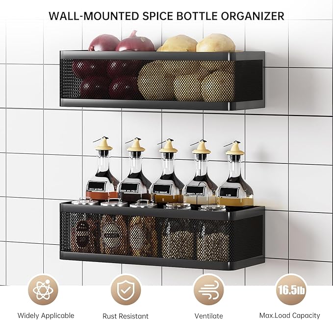 Heavy Duty Spice Rack Wall Mount - 2-Tier Metal Hanging Storage Baskets with Adhesive & Screw Options, Space Saving Spice Organizer for Kitchen, Pantry, Bathroom (2 Pack, Black)