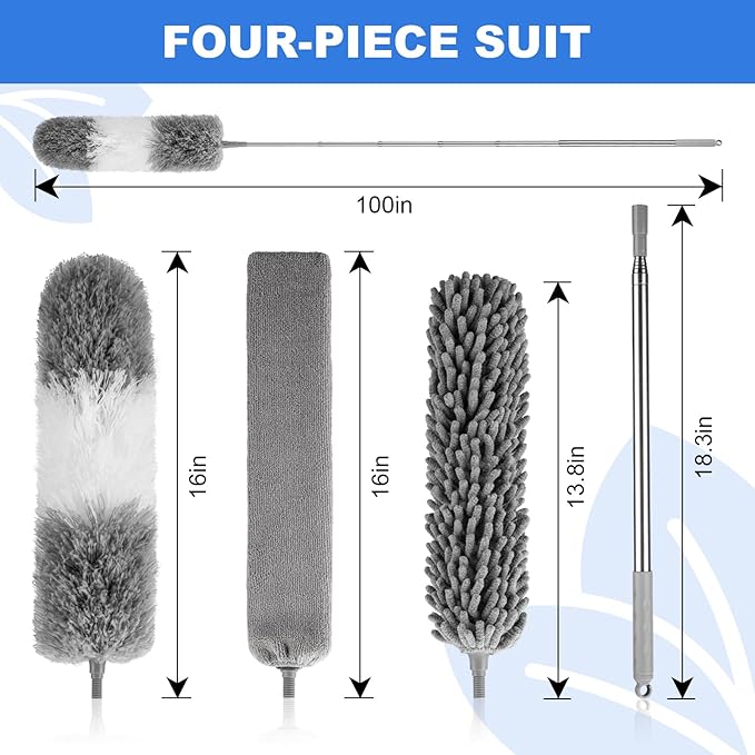 Dusters for Cleaning,Microfiber Duster Feather Duster with Extension Pole,4PCS Ceiling Fan Cleaner Duster,Long Duster Extended Handle,Blind Cleaner Dusting