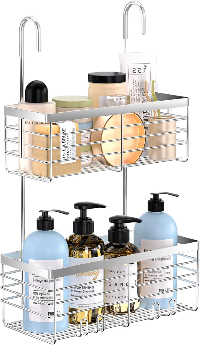 YUOROS Shower Caddy Hanging, 2 Tier Over the Door Shower Organizer Rack 304 Stainless Steel Rustproof Bathroom Storage Shampoo Holder Basket (Silver)