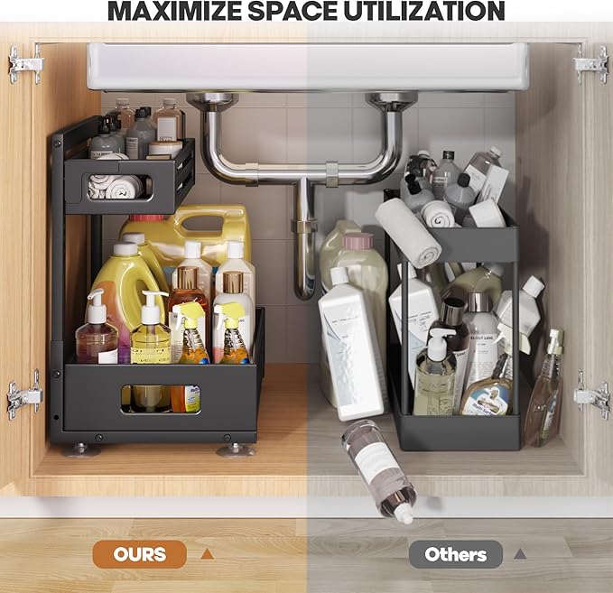 1 Pack Under Sink Organizer,Pull Out Cabinet Organizer with Smooth Cylindrical Rail,Metal Slide Out Drawer for Kitchen Bathroom Laundry Cabinet,8-Level Tool Free Height Adjustable-Black