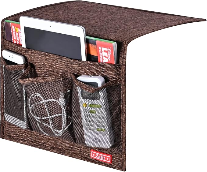 Zafit Linen 4 Pockets Bedside Caddy, Bedside Storage Organizer for Magazine, Remotes, Phone (Coffee, Classic 4 Pockets)