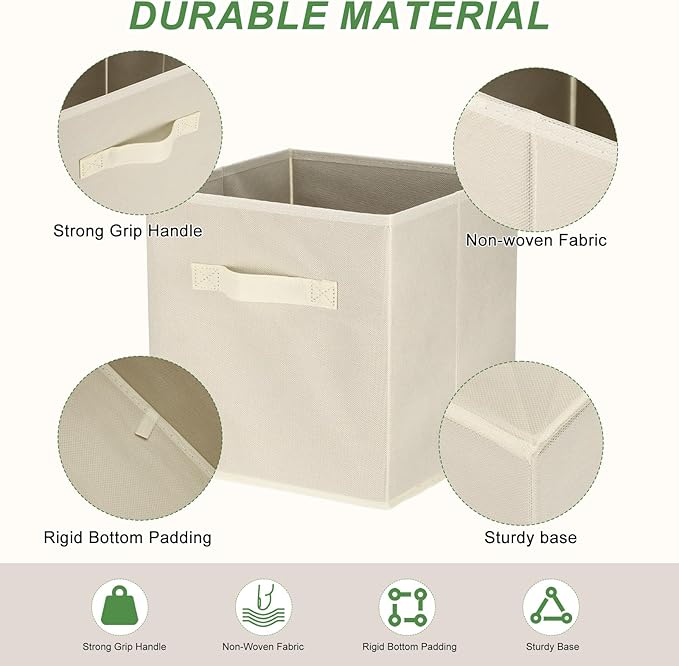 uxcell 3Pcs Fabric Storage Bins, 11 Inch Cube Storage Bin Foldable Storage Cube Organizer Bins with Handles for Shelf Closet, Nursery Home, Bedroom(Beige)