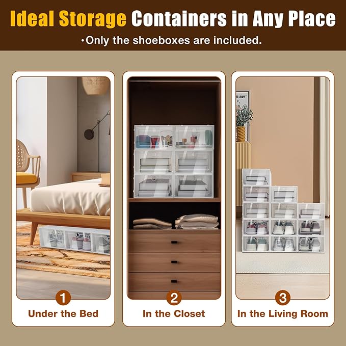 24 Pack Shoe Storage Boxes, Clear Plastic Stackable Shoe Organizer, Foldable Shoe Rack, Angel White | Space-Saving Home & Office Organizatio