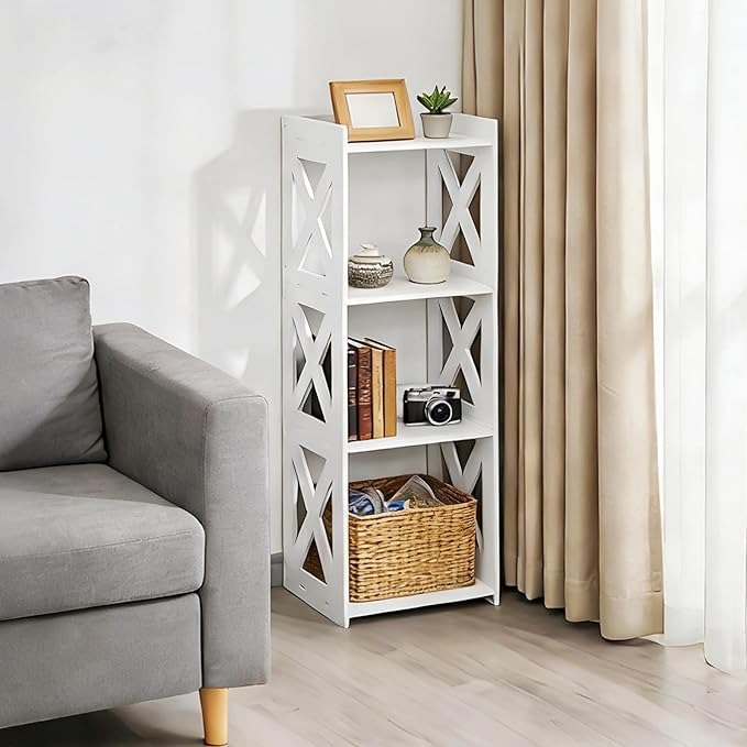 Small Bathroom Storage Corner Shelf, Waterproof PVC Narrow Floor Stand, Slim Gap Filler Organizer for Toilet Side, Laundry Room, Shower, Kitchen Spice Rack, White Restroom Holder (4-Tier)