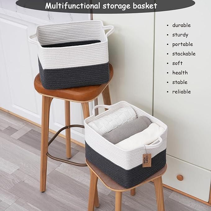 COMFY-HOMI 3PACK Cotton Rope Square Basket with Handles for Shelves| Storage|Baby Basket for Gif|Shoe basket for Organizing|New13.5" x 11" x 9.5" for Living Room（White/Dark Grey）