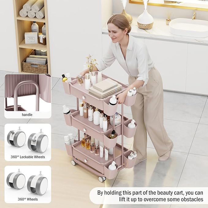3 Tier Drawer Shelf Beauty Cart with 12 Movable Storage Organizer, Thickened Durable ABS, 360° Wheels for Salon Station for Hair Stylist, Beauty Salon, Spa Massage Parlor, Makeup Organizer - Pink