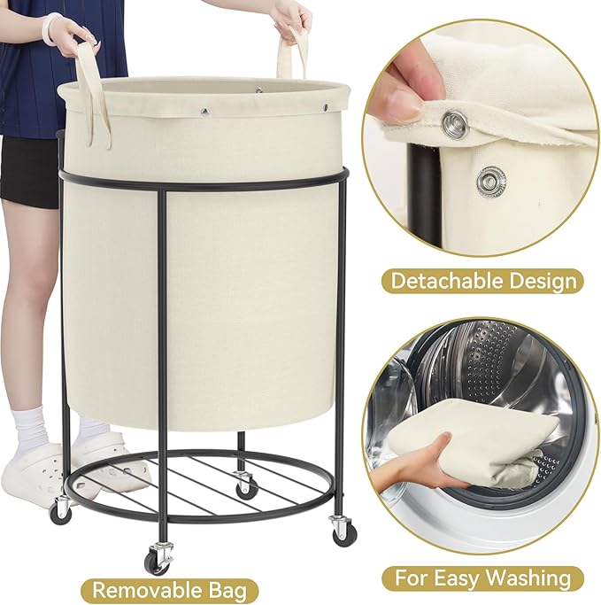 Chrislley 200L Laundry Basket with Wheels,2 section Rolling Laundry Hamper with Removable Bag,Round Laundry Cart with Steel Frame and Handle,Large Dirty Clothes Hamper for Laundry Room,Bedroom(Beige)