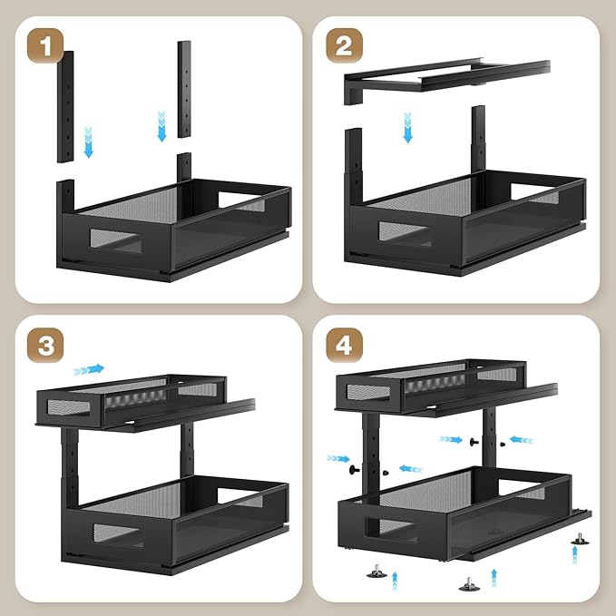 Corbyles 2 Pack 18.5IN-Depth Under Sink Organizer With Next-Gen Ball-Bearing Slides,2-Tier Pull Out Cabinet Storage,Height Adjustable Drawer Shelf for Bathroom,Kitchen,Laundry,Cabinet,Pantry-Black
