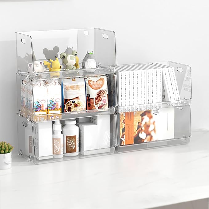 Nicunom 2 Pack Stackable Plastic Storage Bins Open Front, Clear Pantry Organizer Bin Household Food Storage Bin for Kitchen Countertops Cabinet Shelf Fridge