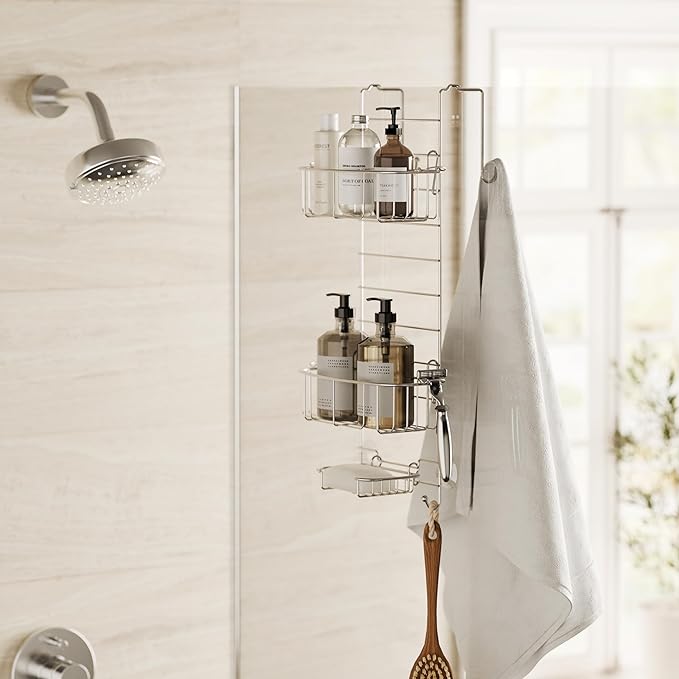 Zenna Home Shower Caddy Hanging Over the Shower Door Organizer, Stainless Steel Rack with 2 Shelves and Built in Hooks, Bathroom Organizer Shelf for Inside Shower, Stainless Steel