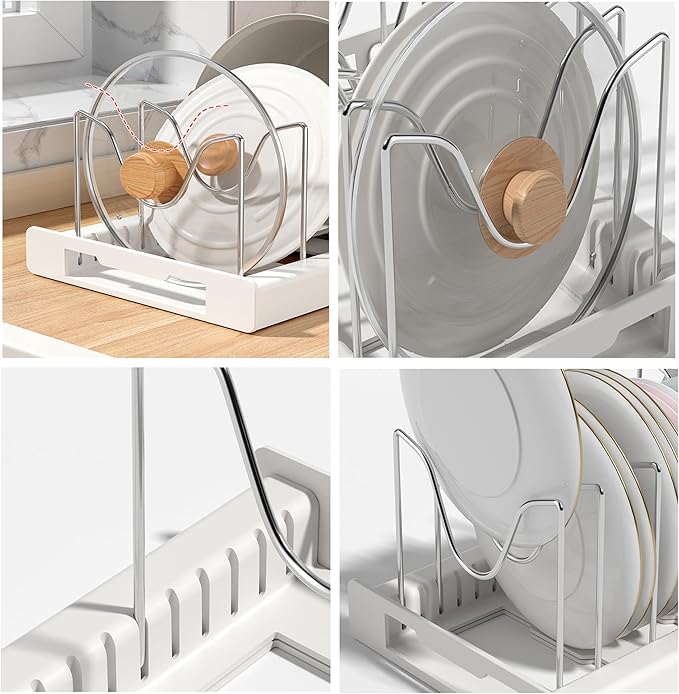 Expandable Pot and Pan Organizer Rack with 7 Stainless Steel Adjustable Shelves, for Neatly Storing Cookware, Pots, Pans, Lid