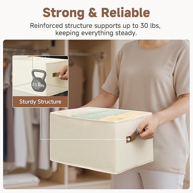 StorageWorks Closet Organizers and Storage Bins, Foldable Shelf Baskets, Clothes Storage Basket for Organization, Ivory White, 3-Pack, Large