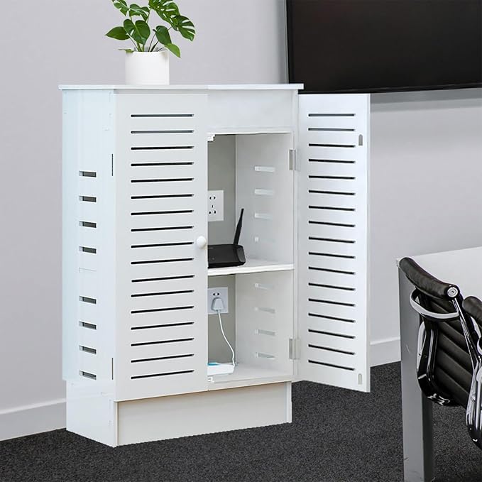 WiFi Router Storage Cabinet, Floor Standing Router Storage Box Modem, Power Strip and Cable Management Hider Organizer for Home and Office (White)