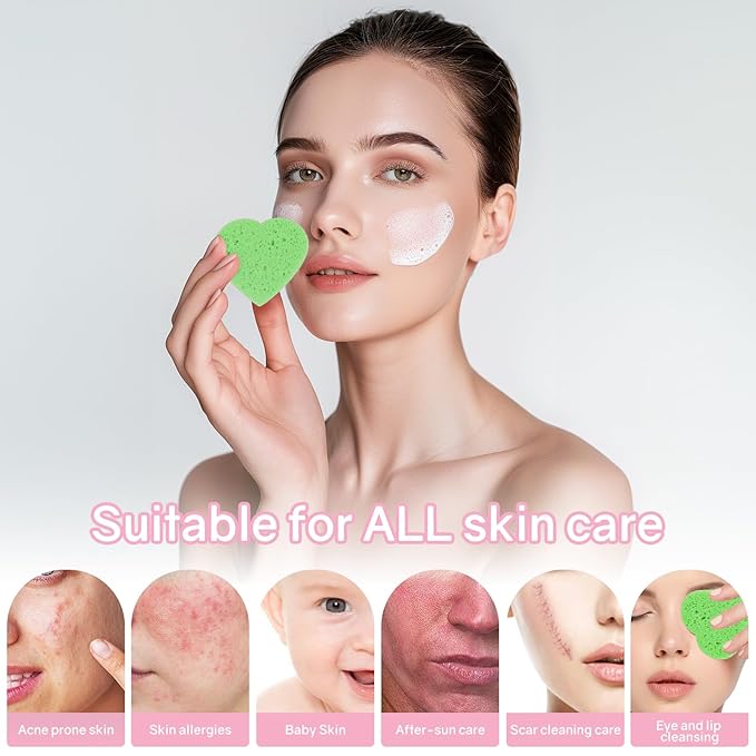 50-Count Heart Shape Compressed Facial Sponges,100% Natural Cellulose Face Sponge Spa Sponges for Removing Dead Skin, Dirt and Makeup((Multicolor)
