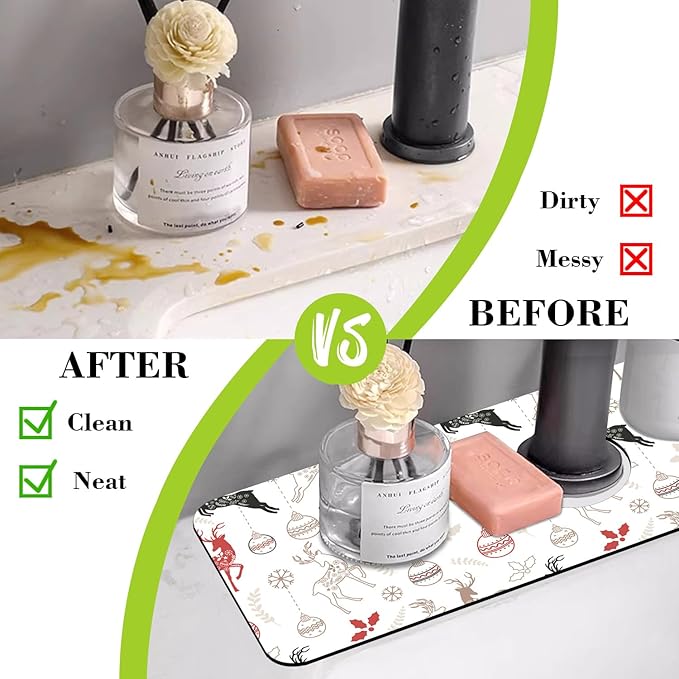 Chrismas Sink Splash Guard Faucet Mat Christmas Absorbent Fast Drying Mat Sink Gadgets Splash Guard Behind Faucet Drip Catcher for Kitchen Bathroom 15.5"X5.5"