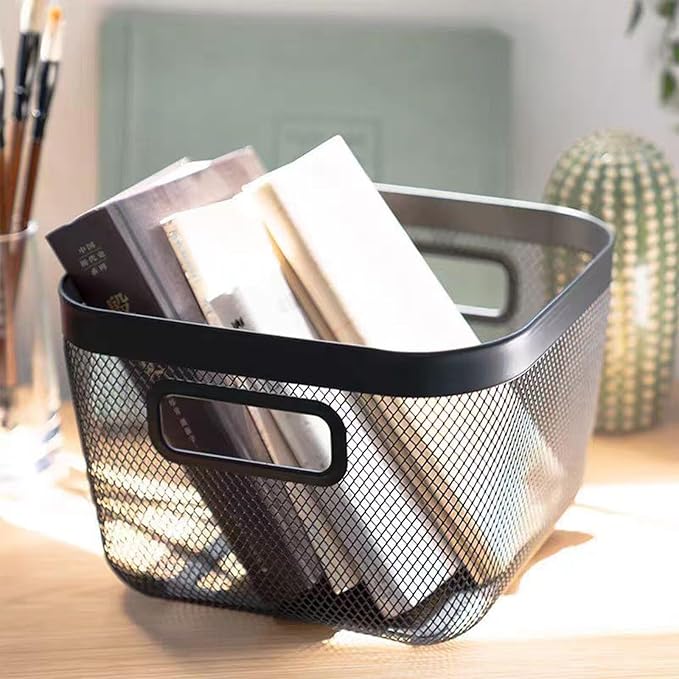 Metal Mesh Steel Baskets, Household Wire Storage Organizer Bin Garden Harvest Basket Multi-functional Fruit Baskets with Handles for Kitchen Bathroom Picnic Shopping Decor Cabinet Home, Black