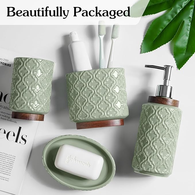 Bathroom Accessories Set 4 Pieces Toothbrush Holder Soap Dispenser Ceramic Bathroom Accessory Set Contain Toothbrush Cup Soap Dish Tumbler