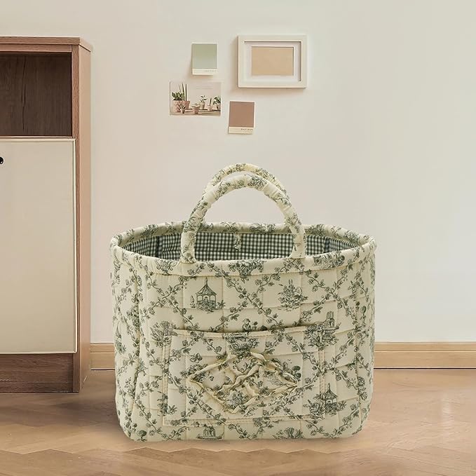 Quilted Fabric Storage Basket with Handles & Pocket, Foldable Laundry Hamper Boho Floral Print Organizer Bin for Home, Picnic, Office 12"x10"x10" (B-2)