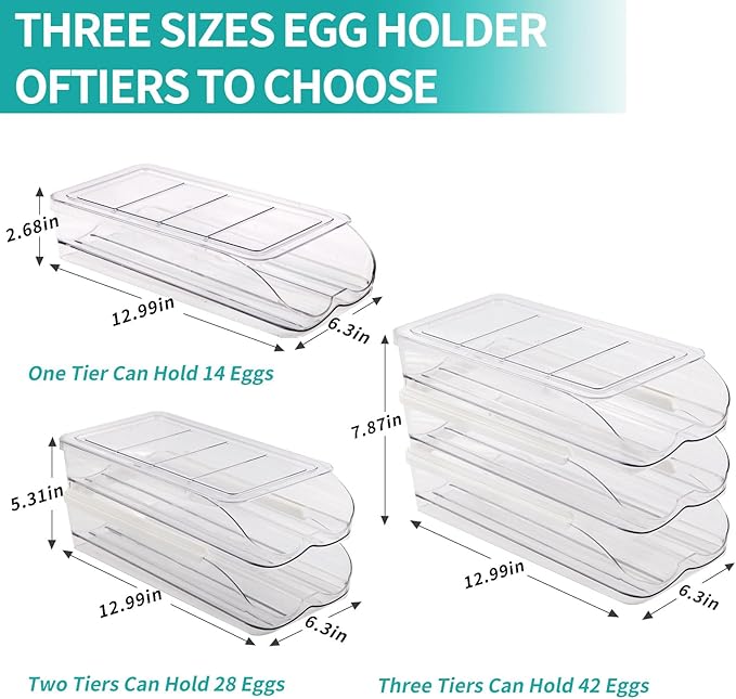 Egg Holder for Fridge, Automatic Rolling Egg Container for Refrigerator, Stackable Fridge Organizers and Storage with Lid, Clear Plastic Egg Dispenser,Bin & Tray (1 Tier)