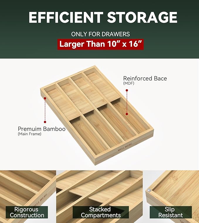 Silverware Organizer, Utensil Drawer Organizer & Cutlery Tray Dividers for Spoons Forks Knives (8 Slot,Natural Bamboo), 16”Dx10”Wx1.7”H
