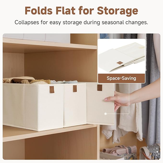 StorageWorks Fabric Storage Bins, Small Storage Bins with PU Handle, Decorative Narrow Baskets for Shelves, Ideal for Organizing Clothes, Toys, and Books, Beige, 4-Pack