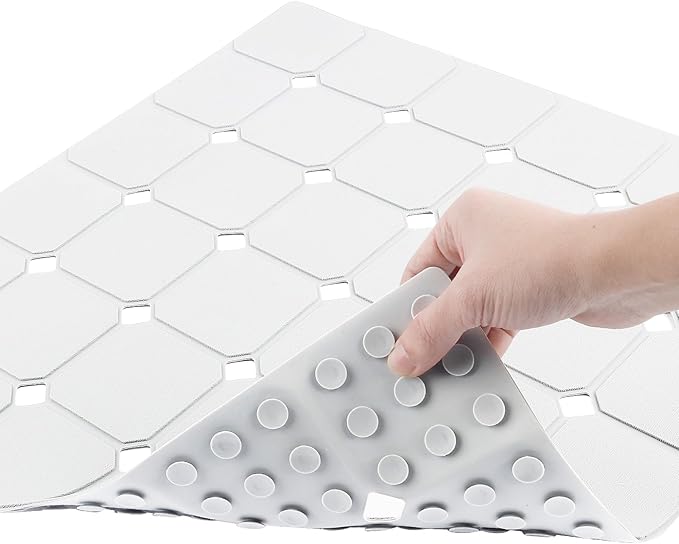 MEIMEIDE Shower Mat Non Slip 21"x21" Silicone Foldable Bath Mat with Suction Cups & Drain Holes, Odorless, Eco-Friendly & Durable, Machine Washable Shower Stall Mat for Adults, Seniors White