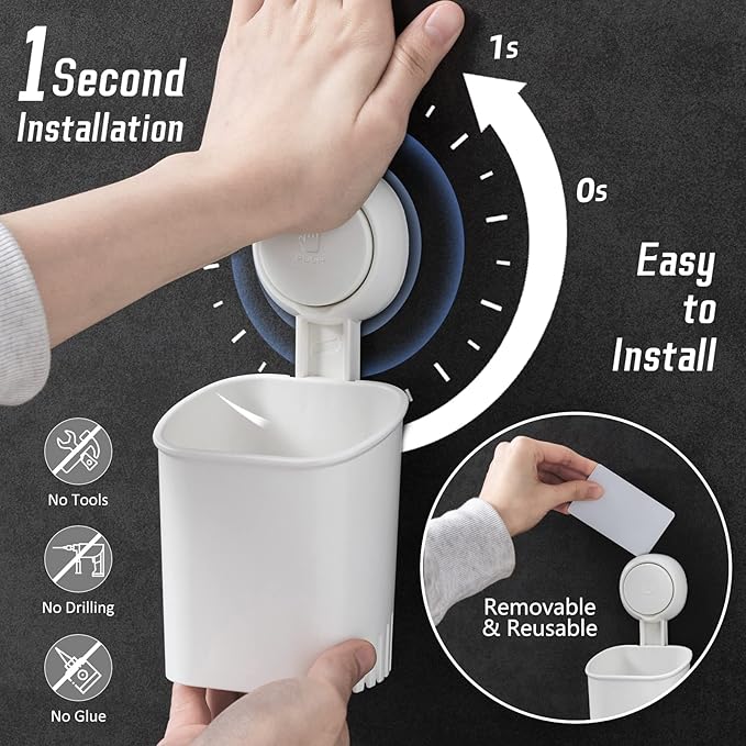 LEVERLOC Powerful Suction Cup Toothbrush Holder, Drill-Free Wall Shower Holder for Toothbrush, Toothpaste, Razor, Removable Suction Cup in Shower, Self-draining Kitchen Tableware Organizer, White