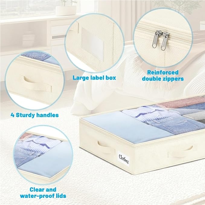 4 Inch Low Profile Under Bed Storage Drawer 4 Pack, Lightweight Underbed Clothes Storage Container Bins with NO STURCTURE, Shallow Storage Bag for Dorm & Home, With Clear Lids & Water-Resistant Fabric